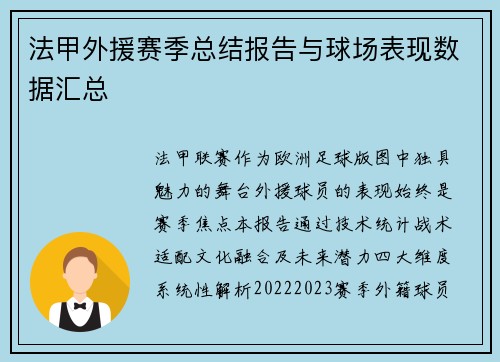 法甲外援赛季总结报告与球场表现数据汇总